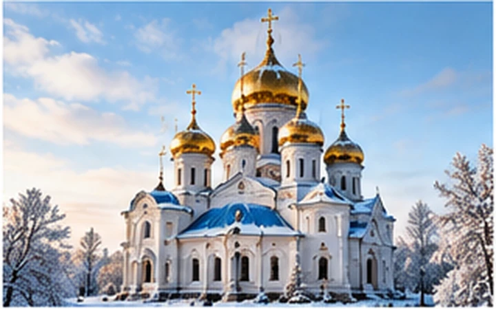 Православный храм в зимнем российском пейзаже
