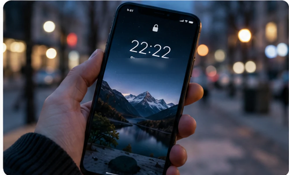 Повторяющееся время 22:22 на экране смартфона вечером в городе